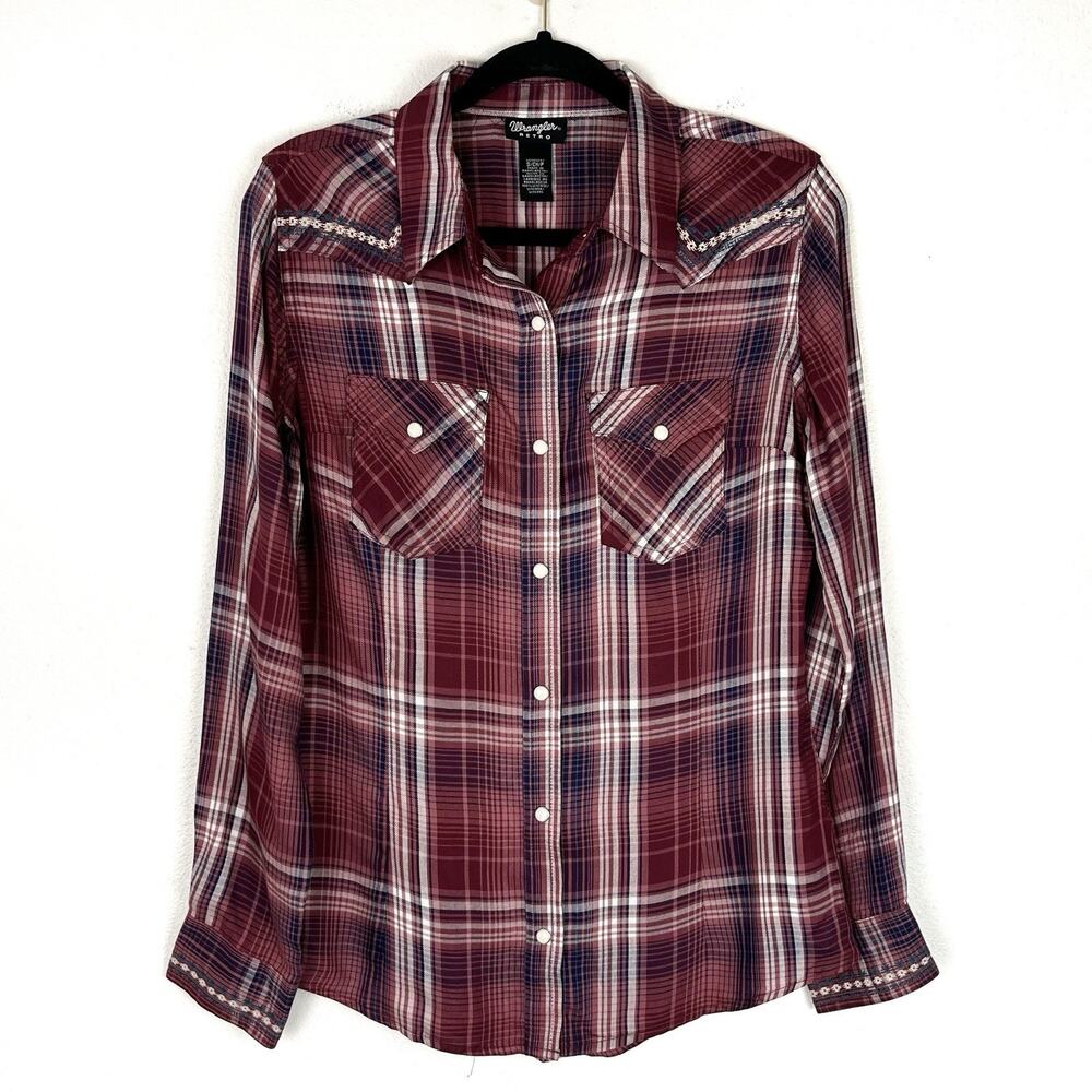 Wrangler Womens Retro Shirt Small Plaid Pearl Snap Long Sleeve Embroidered NWOT
